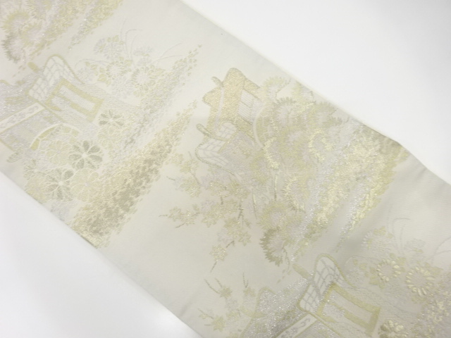 JAPANESE KIMONO / ANTIQUE FUKURO OBI / CARRIAGE & FLORAL PLANTS